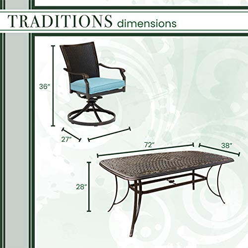 Hanover Traditions 7-Piece Outdoor Dining Set with 6 Blue Cushioned Wicker Back Swivel Rocker Chairs and Cast Table
