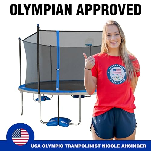 TruJump 14 FT Ultimate Multiplay Trampoline with Basketball Hoop & Safety Net Blue