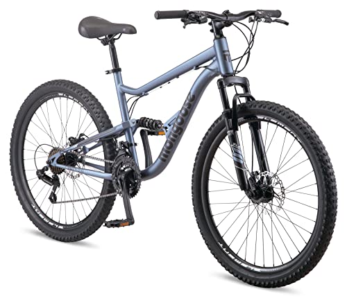 Mongoose Status Mountain Bike 26-Inch Wheels 21 Speed Trigger Shifters Aluminum Frame Dual Suspension Front and Rear Disc Brakes Slate Blue