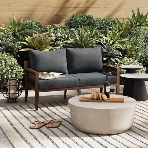 Nathan James Freya Bohemian Wood Loveseat Dark Acacia Wood/Dark Gray Cushion