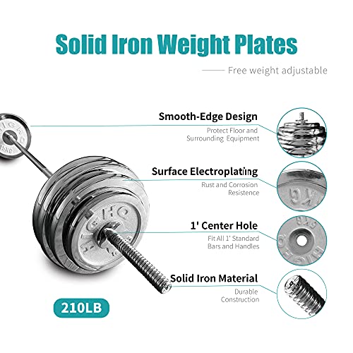 SimpleL Barbell Weight Set with Bar 210-Pound Adjustable Chrome Cast Plates Silver