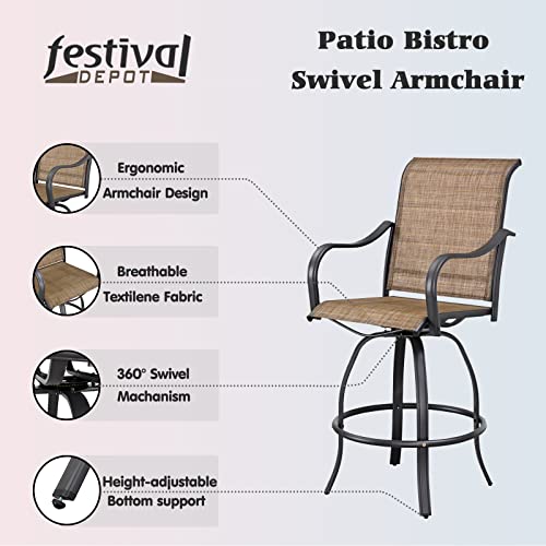 Festival Depot 8pcs Patio Dining Set Bar Height Stools Swivel Bistro Chairs Tempered Glass Top Table Metal Outdoor Furniture Brown