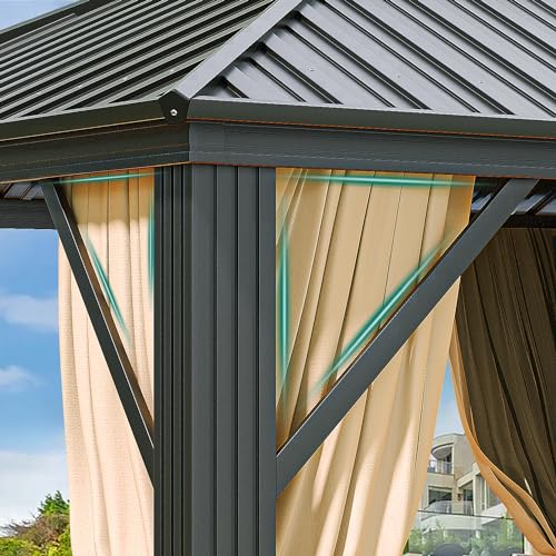 DWVO 12x14ft Hardtop Gazebo Double Roof with Nettings and Curtains Brown
