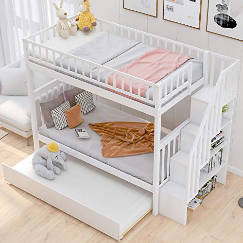 YOPTO Twin-Over-Twin Bunk Bed with Trundle and Storage Shelves White