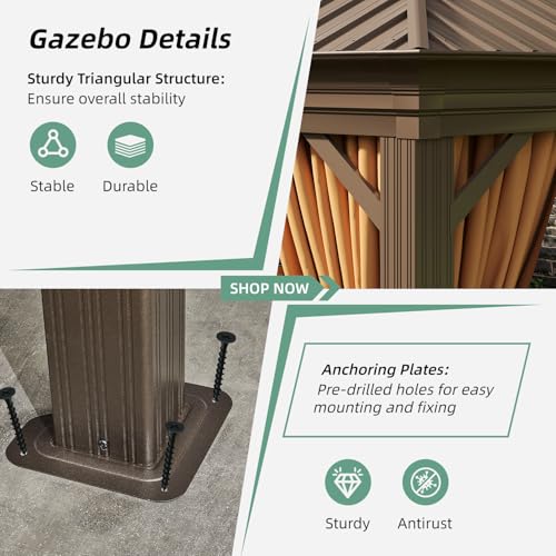 Jolydale Sonegra 12' x 20' Permanent Hardtop Gazebo Aluminum Frame with Curtains & Netting Brown