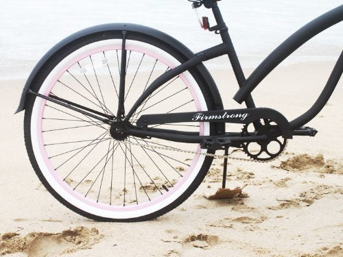 Firmstrong Women's Beach Cruiser Bicycle Single Speed 26 Inch Matte Black/Pink Rims