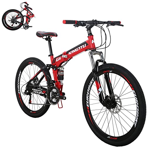 EUROBIKE 26” Full Suspension Mountain Bike 21 Speed Folding Bicycle Men or Women MTB G6 Red