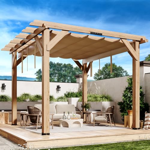 SunnyFurn 10x12 Ft Cedar Wood Pergola with Retractable Shade Canopy Natural