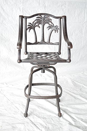 Patio Land Palm Tree Outdoor Patio Set 4 pc Swivel Bar Stools Dark Bronze Cast Aluminum Sunbrella Sesame