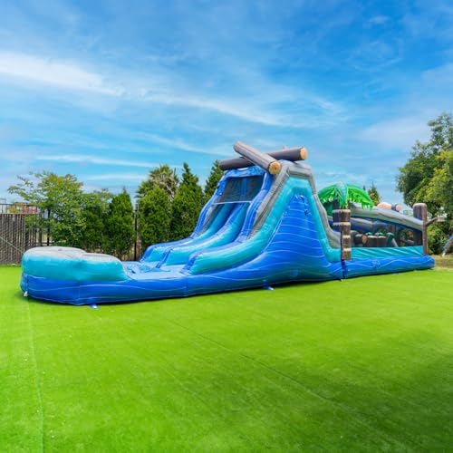 XJUMP Commercial 45' Tropical Wet/Dry Obstacle Dual Lane Slide with Pool Blue