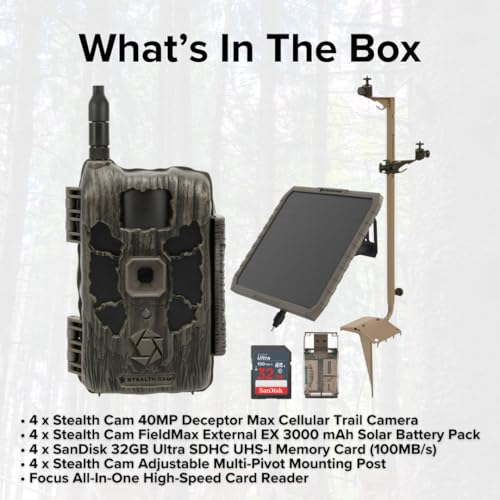 Stealth Cam 40MP Deceptor Max Cellular Trail Camera Bundle with Solar Battery Pack, Mounting Post, 32GB Memory Card, and Card Reader