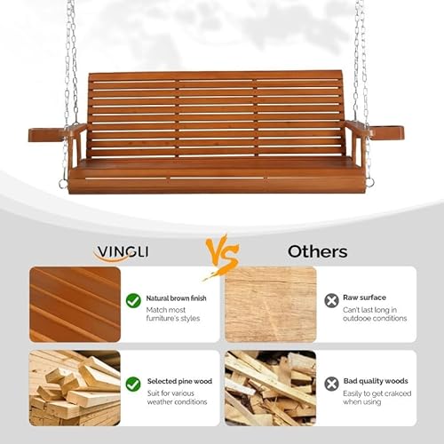 Brown Wood Porch Swing with Cup Holders and Phone Slot Water Resistant Brown