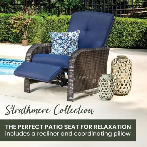 Hanover Strathmere Outdoor Recliner Chair with Navy Blue Cushions