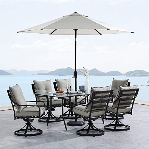 Hanover Lavallette 7-Piece Modern Outdoor Dining Set with Umbrella, 2 Swivel Rockers & 4 Chairs, Silver