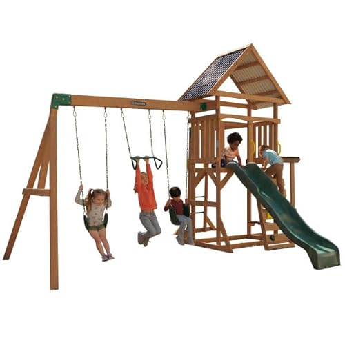KidKraft Lawnmeadow Wooden Swing Set with Swings, Slide, Sandbox, Telescope, Rock Wall, Monkey Bars Brown