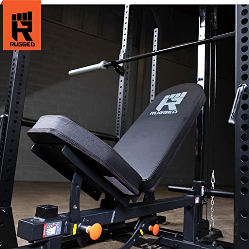 Rugged Strength & Fitness Power Rack with Lat Attachment & Heavy Duty Flat-Incline Bench Black
