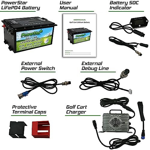 PowerStar 48V LiFePO4 Golf Cart Battery Replacement with Charger Black