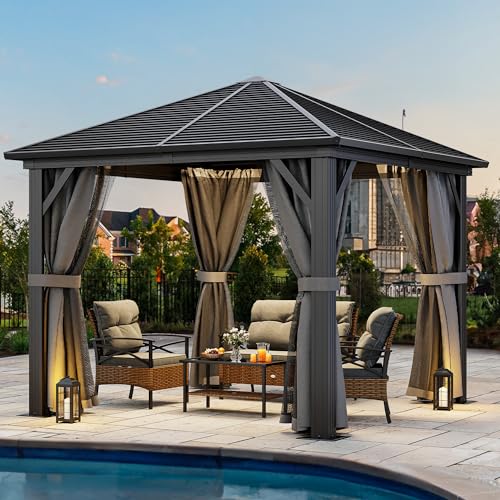YITAHOME 10x10ft Hardtop Gazebo with Nettings and Curtains, Heavy Duty Galvanized Steel, Gray