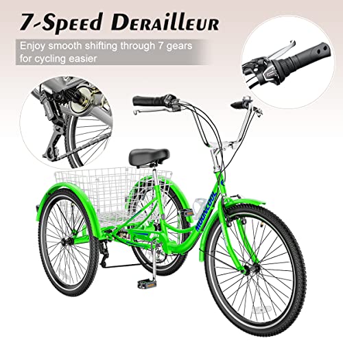 NAIZEA Adult Tricycle 7 Speed Three Wheel Cruiser Bike 20/24/26 inch with Large Basket Apple Green