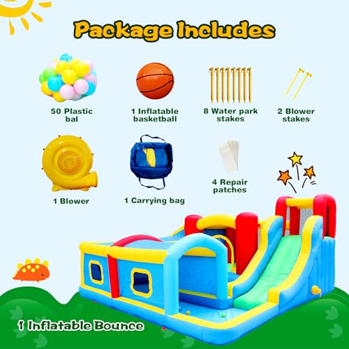 WELLFUNTIME Inflatable Bounce House with Slide, Wave Pool, Basketball Rim, Tunnel