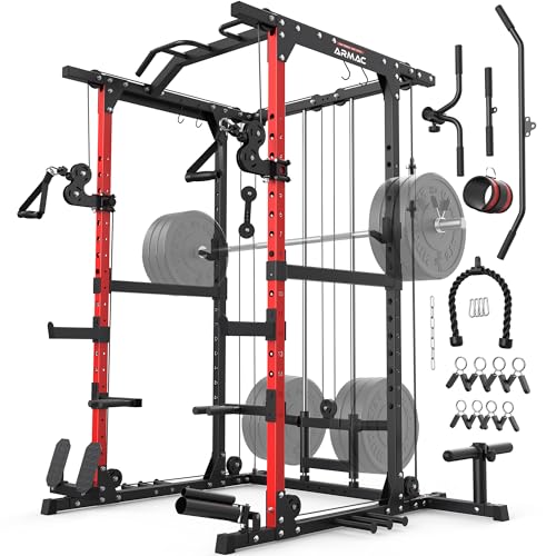 ARMAC 1500lbs Multi-Function Power Rack with Adjustable Cable Crossover Black+Red 01
