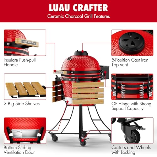 LuauCrafter 18-Inch Ceramic Charcoal Grill and Smoker with Cart Red