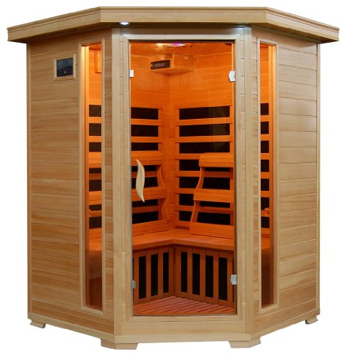 Blue Wave 3-Person Hemlock Corner Infrared Sauna w/ 7 Carbon Heaters Brown
