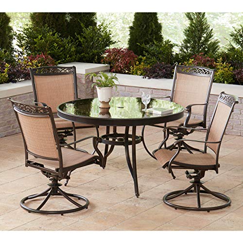 Hanover Fontana 5-Piece Outdoor Dining Set with Tan PVC Sling Rocker Chairs and Round Glass-Top Table Tan