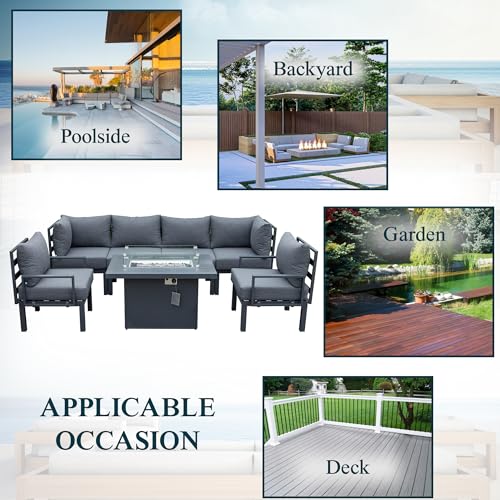 LeisureMod Chelsea Outdoor Patio 7-Piece Conversation Set with Fire Pit Table Black