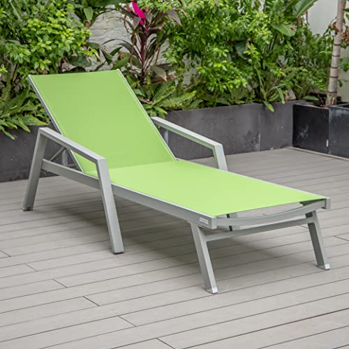 LeisureMod Marlin Modern Green Outdoor Chaise Lounge Chair Set with Fire Pit Table
