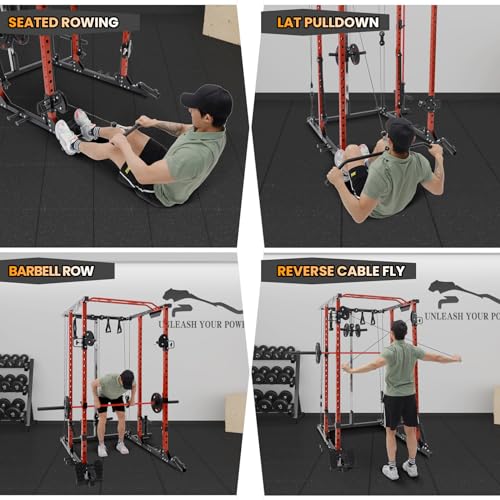 Flarhetoric Power Cage 2000 Lbs Home Gym Squat Rack with Cable Cross-Over & LAT Pull Down Black and Red