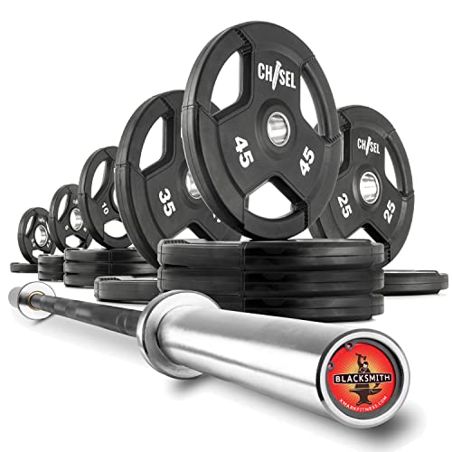 XMark CHISEL 365 lb Olympic Weights Set and BLACKSMITH Barbell, 7' Olympic Bar - 365 lb Weight Set