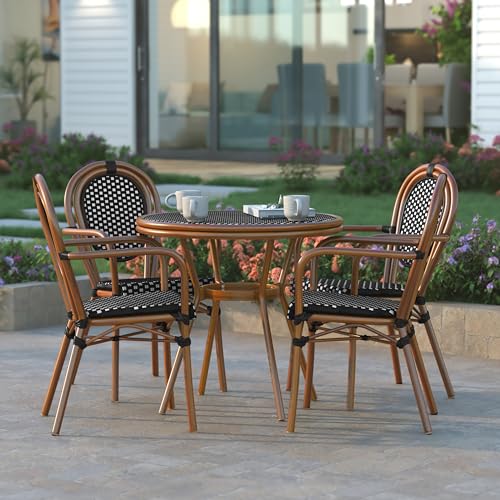 EMMA + OLIVER Colmar Indoor/Outdoor Bistro Set Black & White Rattan/Natural Frame