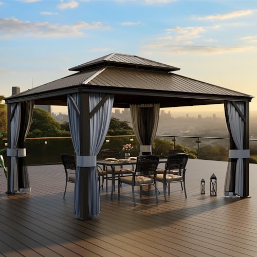Pamapic 12'x14' Hardtop Gazebo with Double Roof, Netting & Curtains, Brown