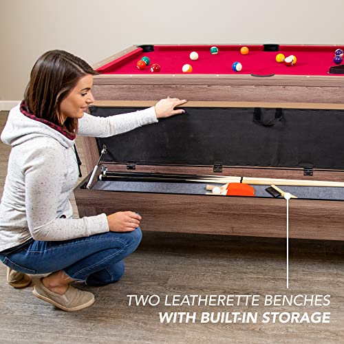 Hathaway Newport 7-ft Pool Table Tennis Combination with Dining Top, Two Storage Benches - Woodtone