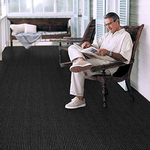 House, Home and More Indoor Outdoor Double-Ribbed Carpet Skid-Resistant Rubber Backing Smokey Black 6x50 Feet