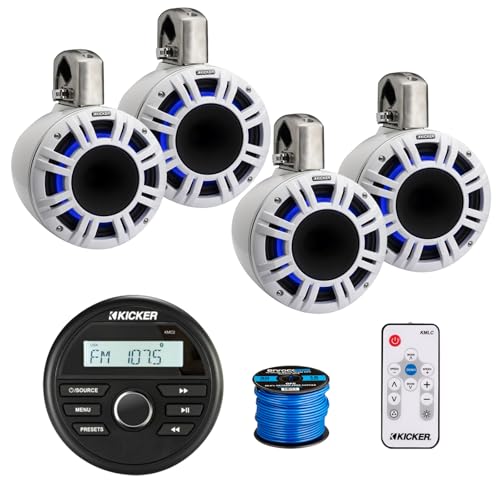 KICKER Marine USB Bluetooth AM/FM Stereo Receiver with 4x 8" LED Tower Speakers White