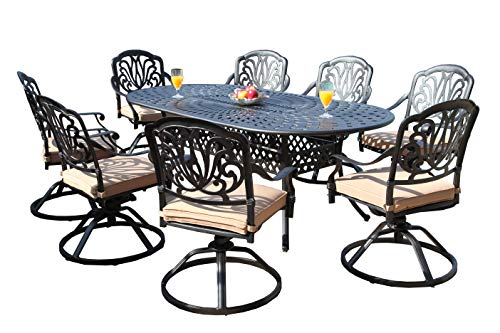 GrandPatioFurniture.com CBM Elisabeth Collection Cast Aluminum 9 Piece Dining Set with 8 Swivel Rockers Black Brown