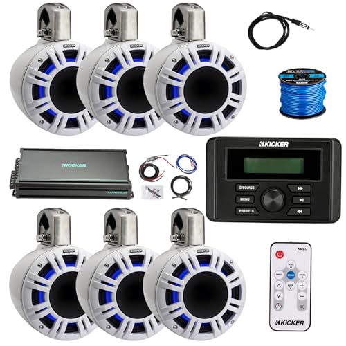 KICKER Marine USB Bluetooth AM/FM Receiver with 6-Channel Amplifier & 6X 6.5" 300W Peak Multicolor LED Speakers (White)