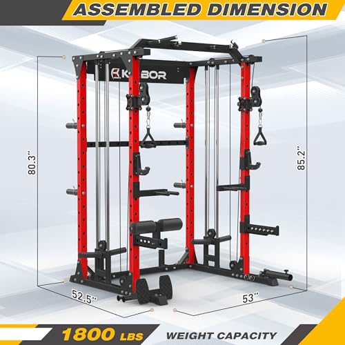 KABOR Power Cage 1800lbs Multi-Functional Power Rack with Dual Pulley System and Leg Holder TL100 Red