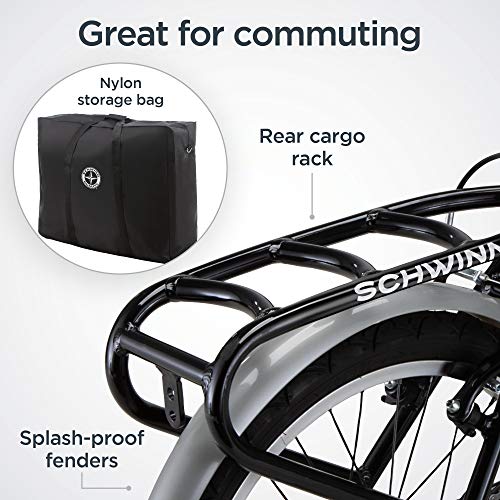 Schwinn Loop Adult Folding Bike 20-inch Wheels 7-Speed Drivetrain Rear Cargo Rack Carrying Bag Black