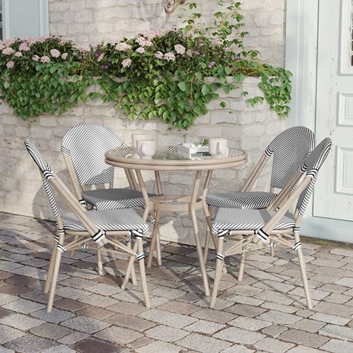 Flash Furniture Marseille Indoor/Outdoor Bistro Set - Tempered Glass Top Table with 4 Chairs - Black & White Textilene/Light Natural Frame