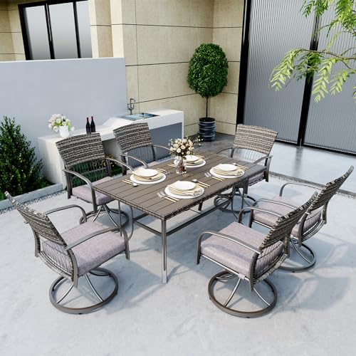 Pamapic 7 Piece Patio Dining Set for 6 with Swivel Rocker Chairs and Iron Slats Table Top Grey