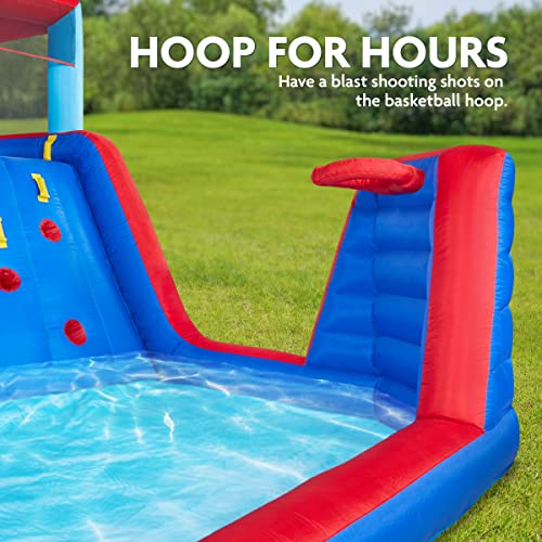 SUNNY & FUN Four Corner Inflatable Water Slide Park with Climbing Wall & Deep Pool Blue/Red