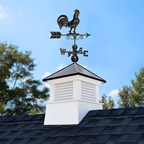 Good Directions 26" Square Manchester Vinyl Cupola with Black Aluminum Roof and Rooster Weathervane Vinyl/Black