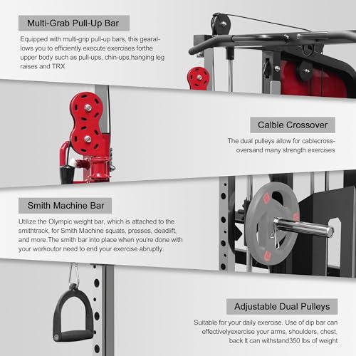 Fitness Dreamer Home Gym Smith Machine for Upper Body Strength Training Equipment and Leg Developer Red