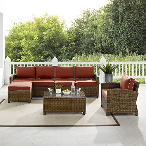 Crosley Furniture Bradenton 5-Piece Outdoor Sectional Sofa Weathered Brown with Sangria Cushions