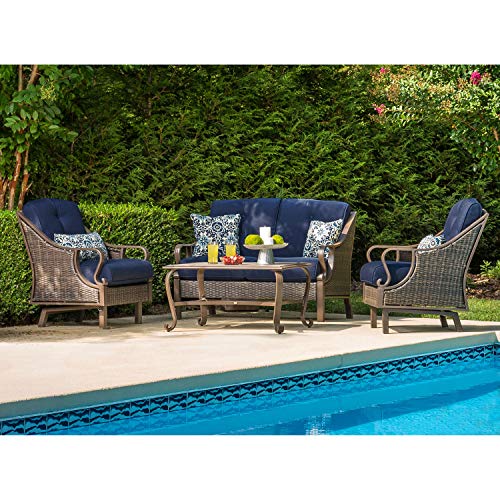 Hanover Ventura Outdoor 4-Piece Patio Furniture Set with Loveseat, 2 Rocking Chairs, Navy Cushions and Ceramic Tile Coffee Table Navy