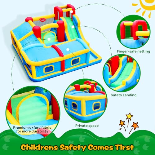 WELLFUNTIME Inflatable Bounce House with Slide, Wave Pool, Basketball Rim, Tunnel