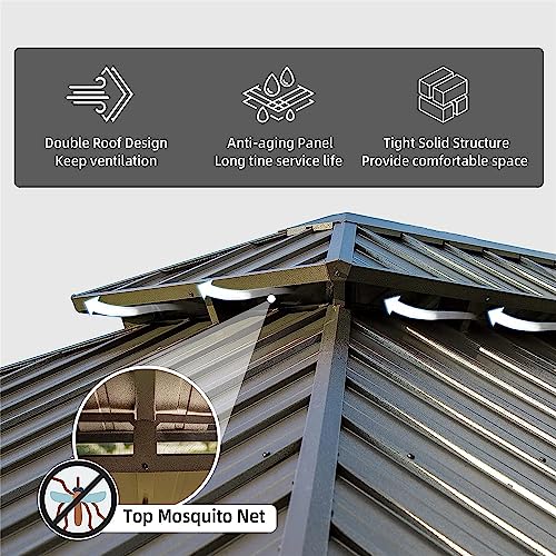 LOPOO Hardtop Gazebo with Curtains & Netting - Outdoor Aluminum Frame Pavilion with Steel Double Roof Canopy - Brown 12Ft x 14Ft